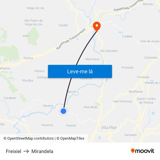Freixiel to Mirandela map