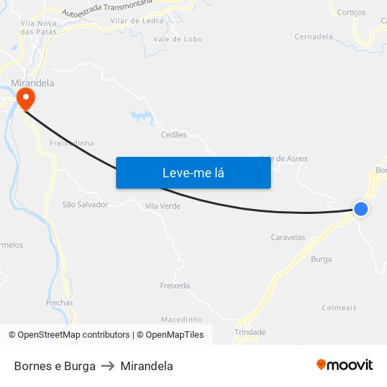 Bornes e Burga to Mirandela map