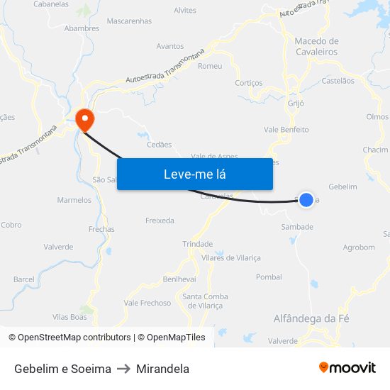 Gebelim e Soeima to Mirandela map