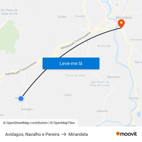 Avidagos, Navalho e Pereira to Mirandela map