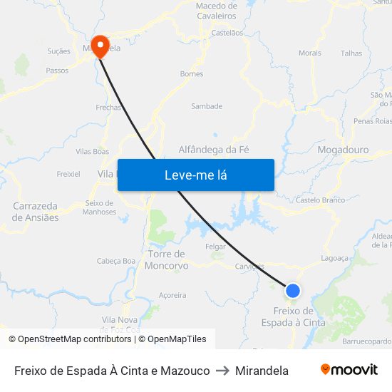 Freixo de Espada À Cinta e Mazouco to Mirandela map