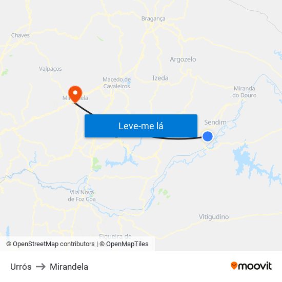 Urrós to Mirandela map