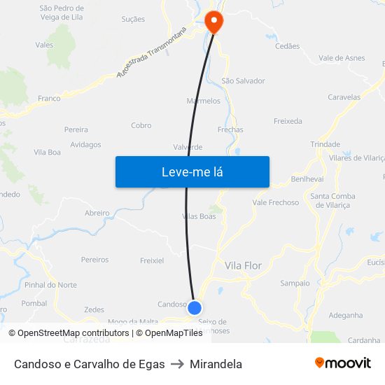 Candoso e Carvalho de Egas to Mirandela map