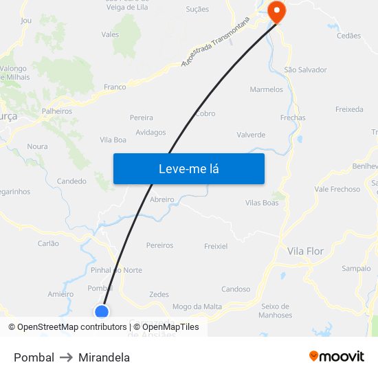 Pombal to Mirandela map