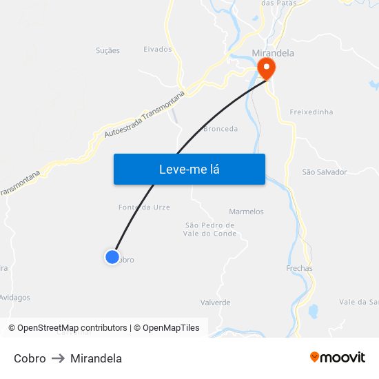 Cobro to Mirandela map