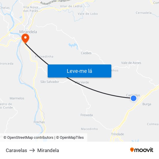 Caravelas to Mirandela map