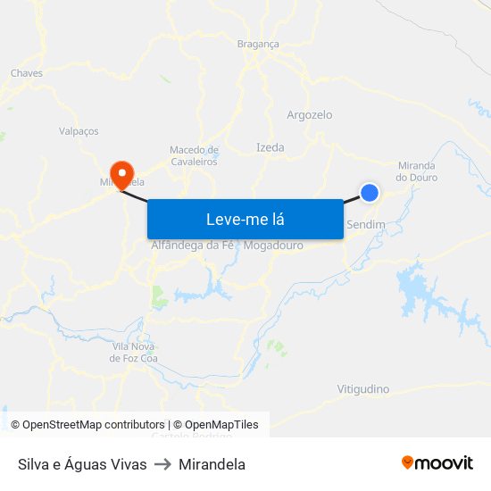 Silva e Águas Vivas to Mirandela map