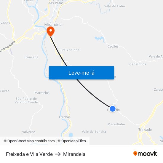 Freixeda e Vila Verde to Mirandela map