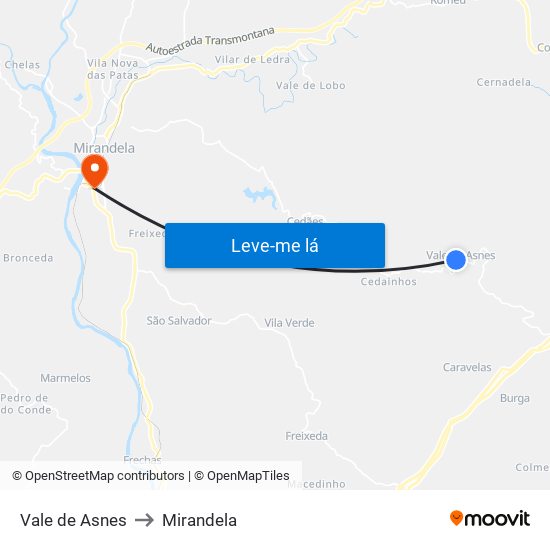 Vale de Asnes to Mirandela map