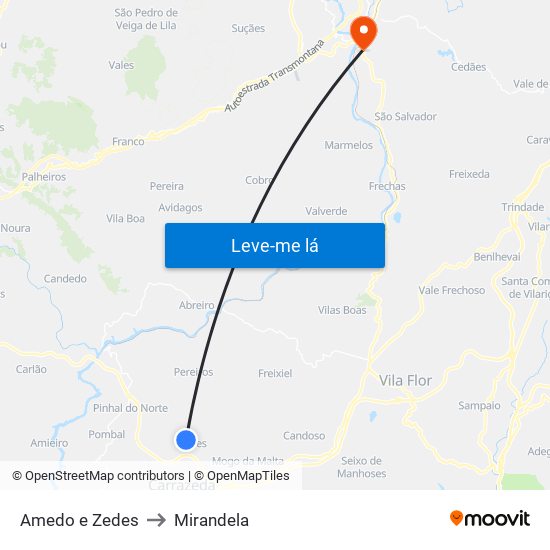 Amedo e Zedes to Mirandela map