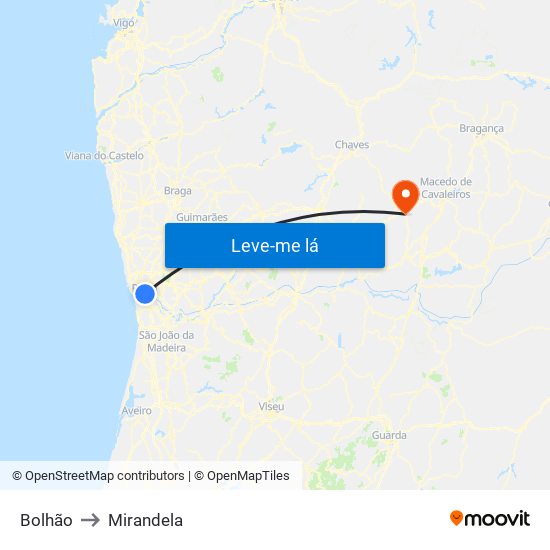 Bolhão to Mirandela map