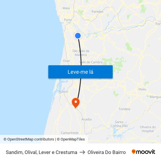 Sandim, Olival, Lever e Crestuma to Oliveira Do Bairro map