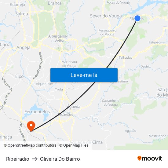 Ribeiradio to Oliveira Do Bairro map