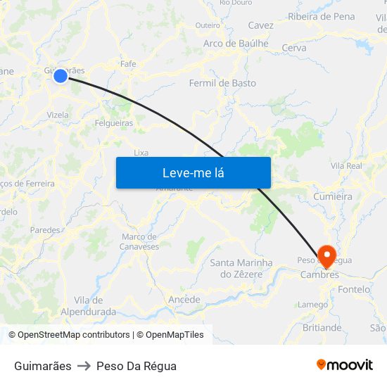 Guimarães to Peso Da Régua map