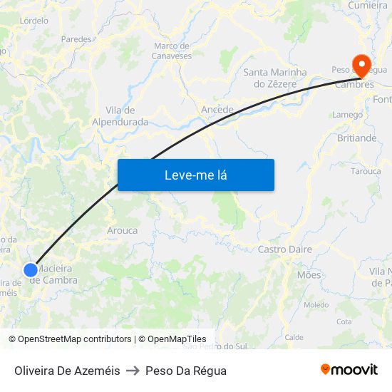 Oliveira De Azeméis to Peso Da Régua map