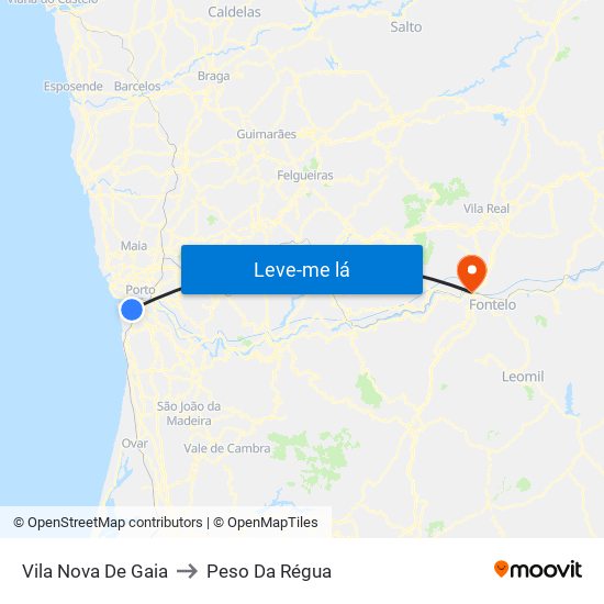 Vila Nova De Gaia to Peso Da Régua map