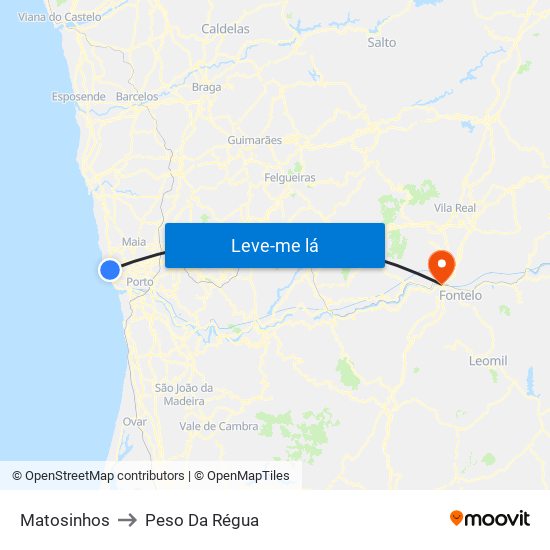 Matosinhos to Peso Da Régua map