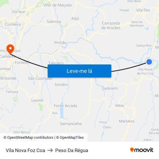 Vila Nova Foz Coa to Peso Da Régua map