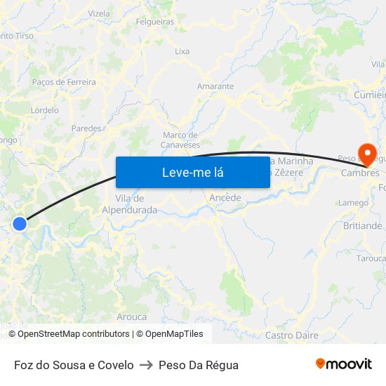 Foz do Sousa e Covelo to Peso Da Régua map