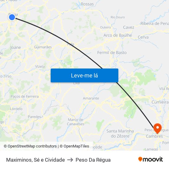 Maximinos, Sé e Cividade to Peso Da Régua map