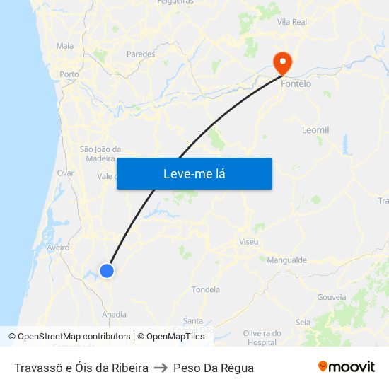 Travassô e Óis da Ribeira to Peso Da Régua map