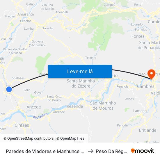 Paredes de Viadores e Manhuncelos to Peso Da Régua map