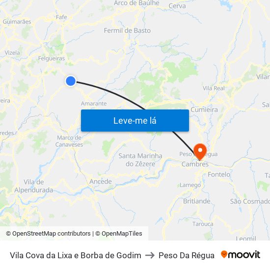 Vila Cova da Lixa e Borba de Godim to Peso Da Régua map