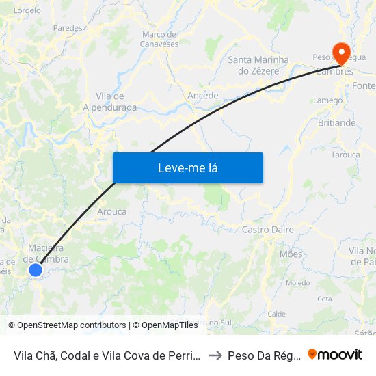 Vila Chã, Codal e Vila Cova de Perrinho to Peso Da Régua map