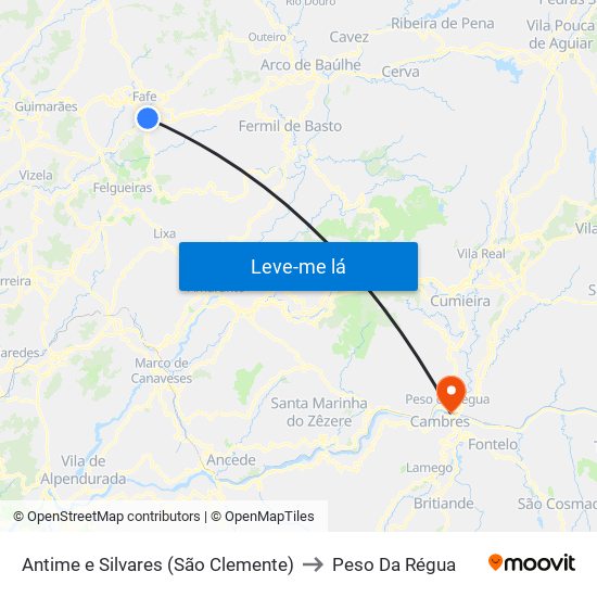 Antime e Silvares (São Clemente) to Peso Da Régua map