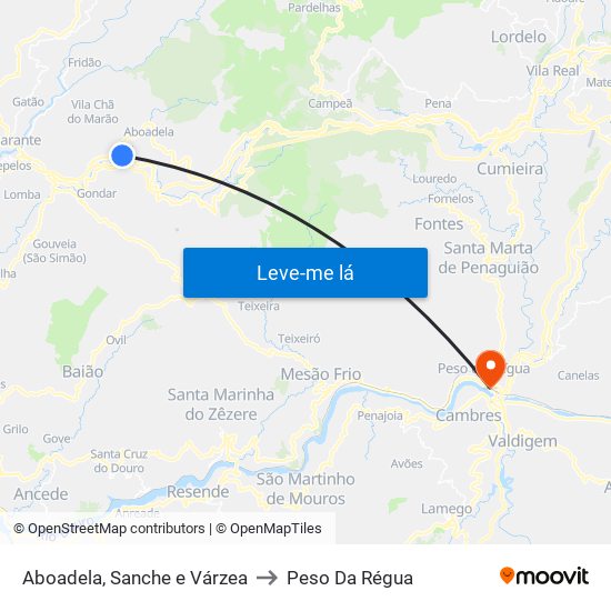 Aboadela, Sanche e Várzea to Peso Da Régua map