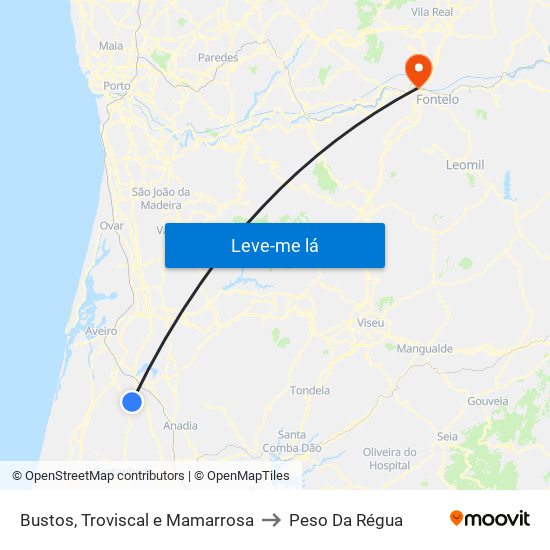 Bustos, Troviscal e Mamarrosa to Peso Da Régua map
