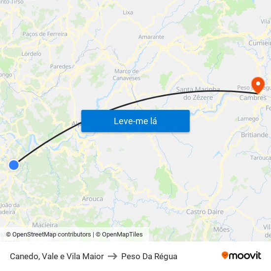 Canedo, Vale e Vila Maior to Peso Da Régua map