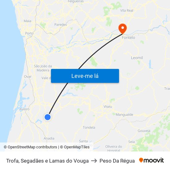 Trofa, Segadães e Lamas do Vouga to Peso Da Régua map