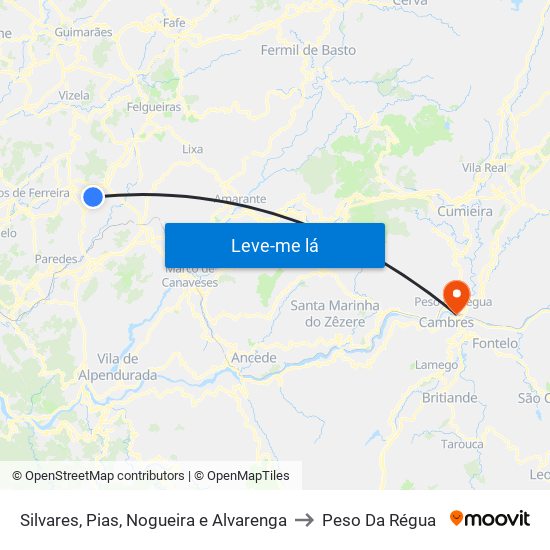 Silvares, Pias, Nogueira e Alvarenga to Peso Da Régua map