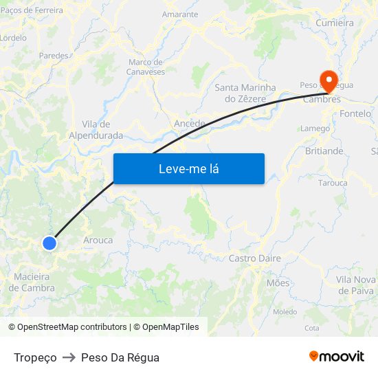 Tropeço to Peso Da Régua map