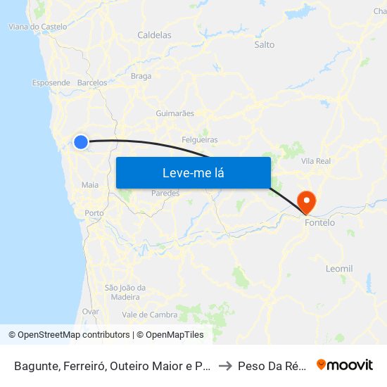 Bagunte, Ferreiró, Outeiro Maior e Parada to Peso Da Régua map