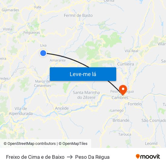 Freixo de Cima e de Baixo to Peso Da Régua map