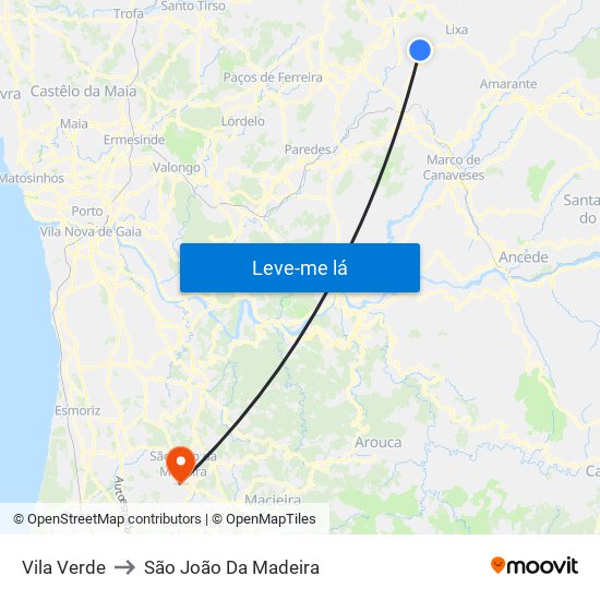 Vila Verde to São João Da Madeira map