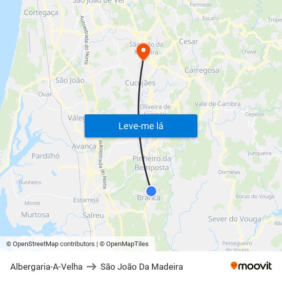 Albergaria-A-Velha to São João Da Madeira map