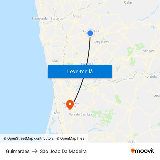 Guimarães to São João Da Madeira map