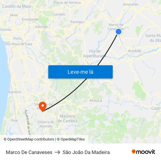 Marco De Canaveses to São João Da Madeira map
