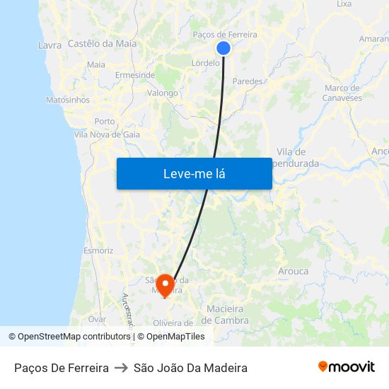 Paços De Ferreira to São João Da Madeira map