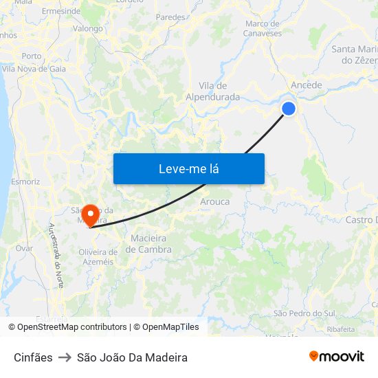 Cinfães to São João Da Madeira map