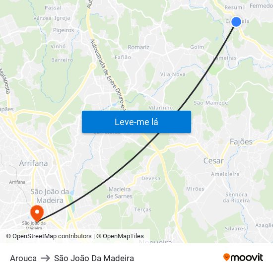 Arouca to São João Da Madeira map