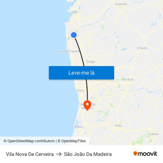 Vila Nova De Cerveira to São João Da Madeira map