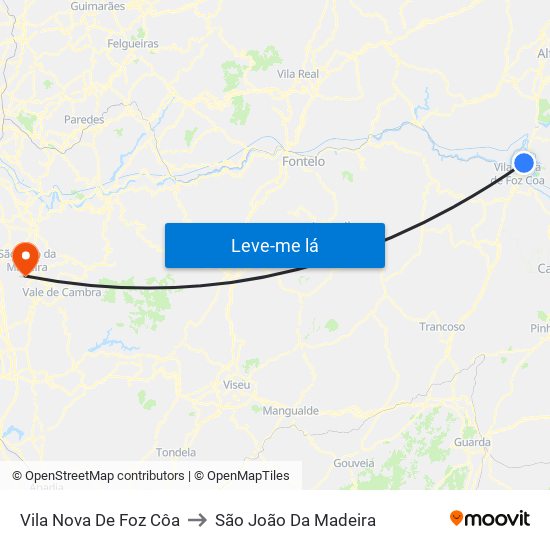 Vila Nova De Foz Côa to São João Da Madeira map