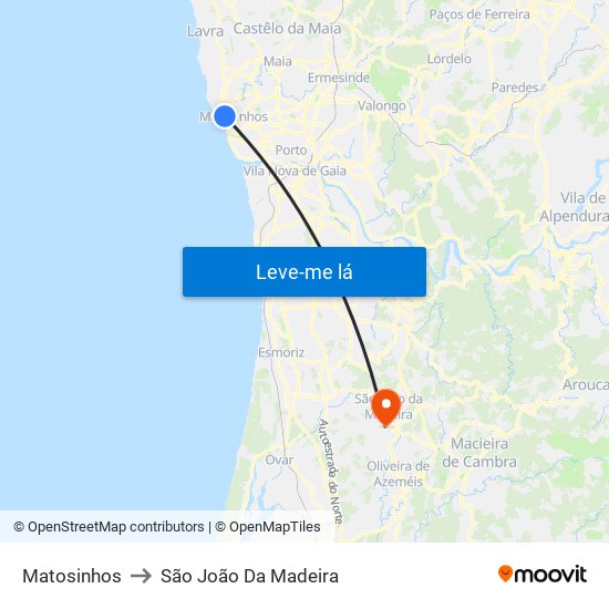 Matosinhos to São João Da Madeira map