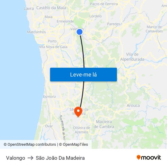 Valongo to São João Da Madeira map