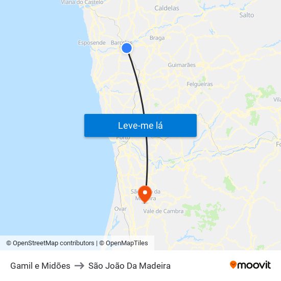 Gamil e Midões to São João Da Madeira map