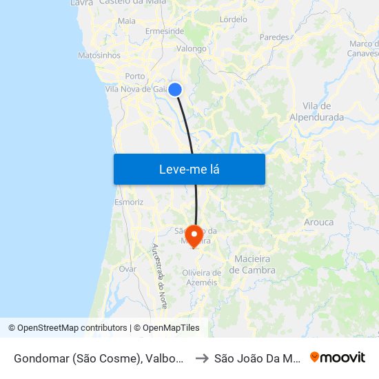 Gondomar (São Cosme), Valbom e Jovim to São João Da Madeira map